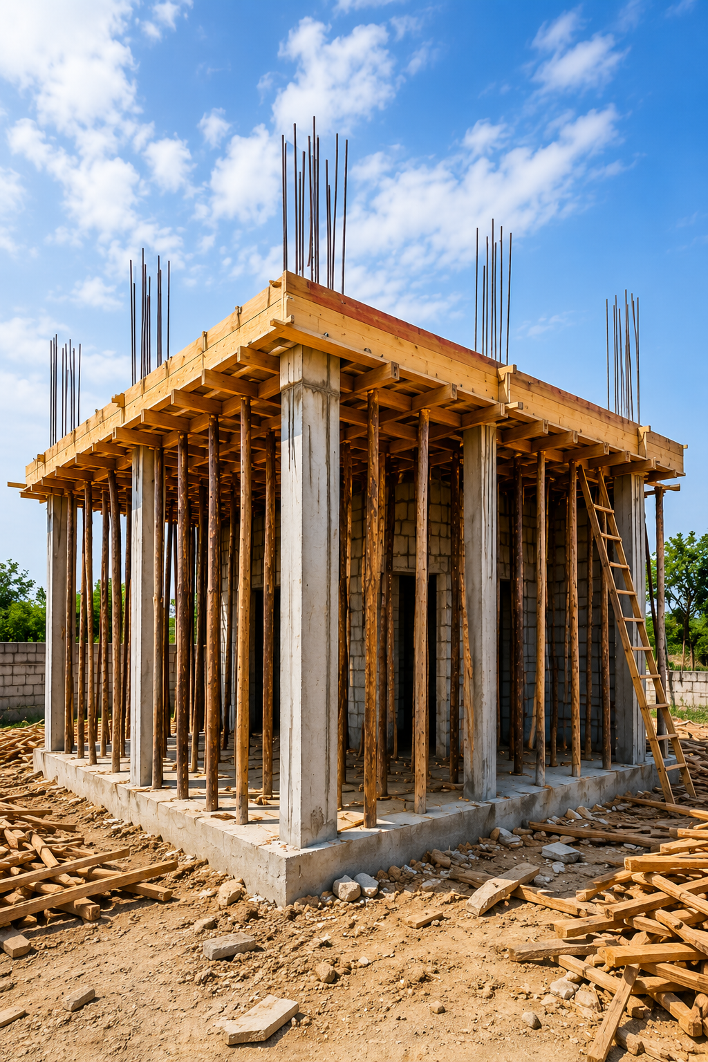 RCC Slab shuttering construction site with wooden supports